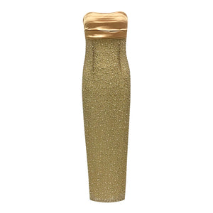 A&A Luxe Strapless Rhinestone Embellished Gold Maxi Gown Dress