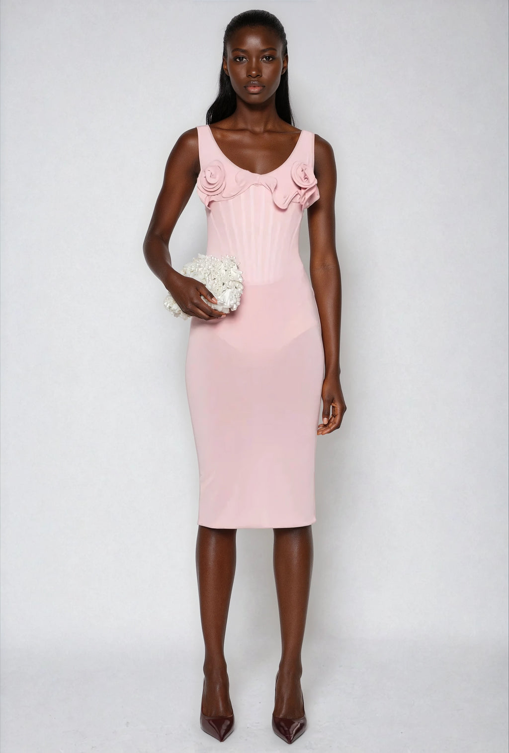 A&A Sleeveless Pink Mesh Fishbone Floral Bodycon Dress