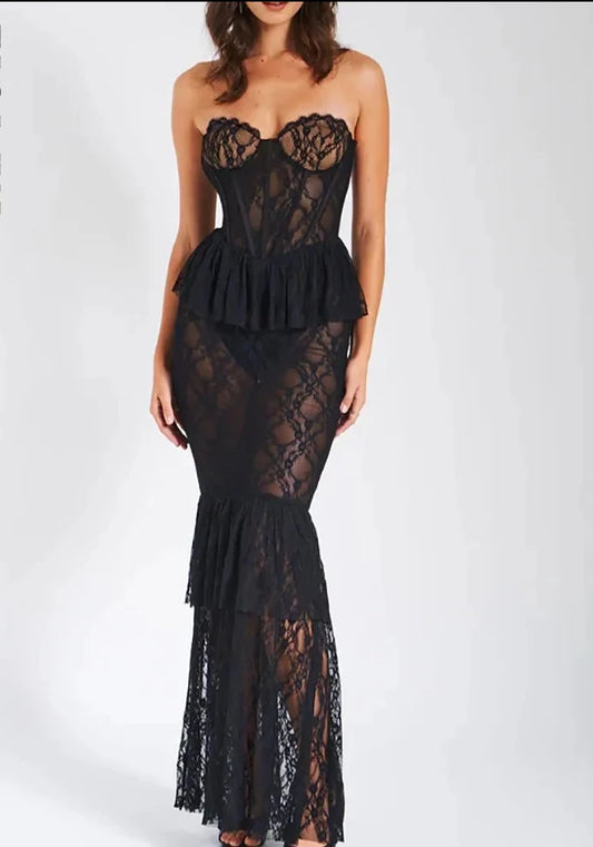 A&A Strapless Sheer Floral Print Lace Bustier Maxi Dress