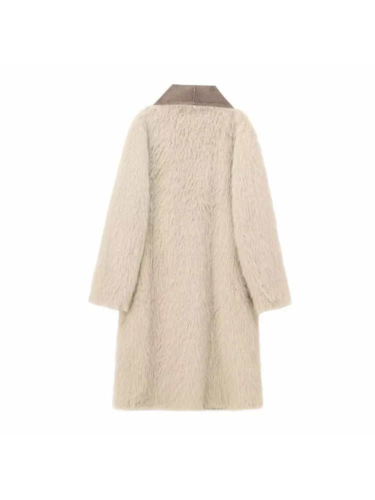 A&A Reversible Faux Fur & Suede Coat in Beige & Mocha Brown