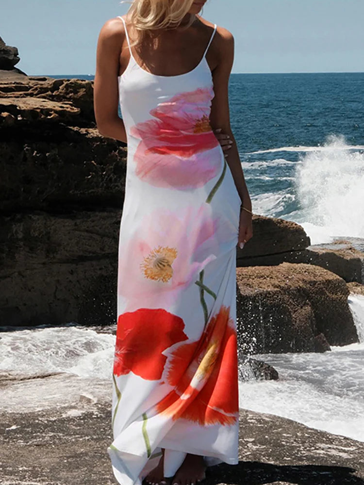 A&A Backless Printed Floral Vacation Maxi Dress