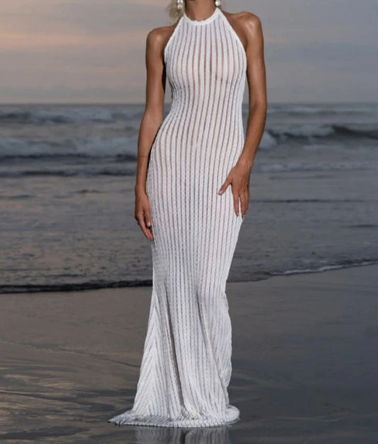 A&A Sheer Halter Neck Sleeveless Beach Vacation Maxi Dress