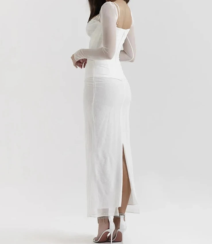 A&A Elegant Sheer Long Sleeve Bustier Maxi Dress
