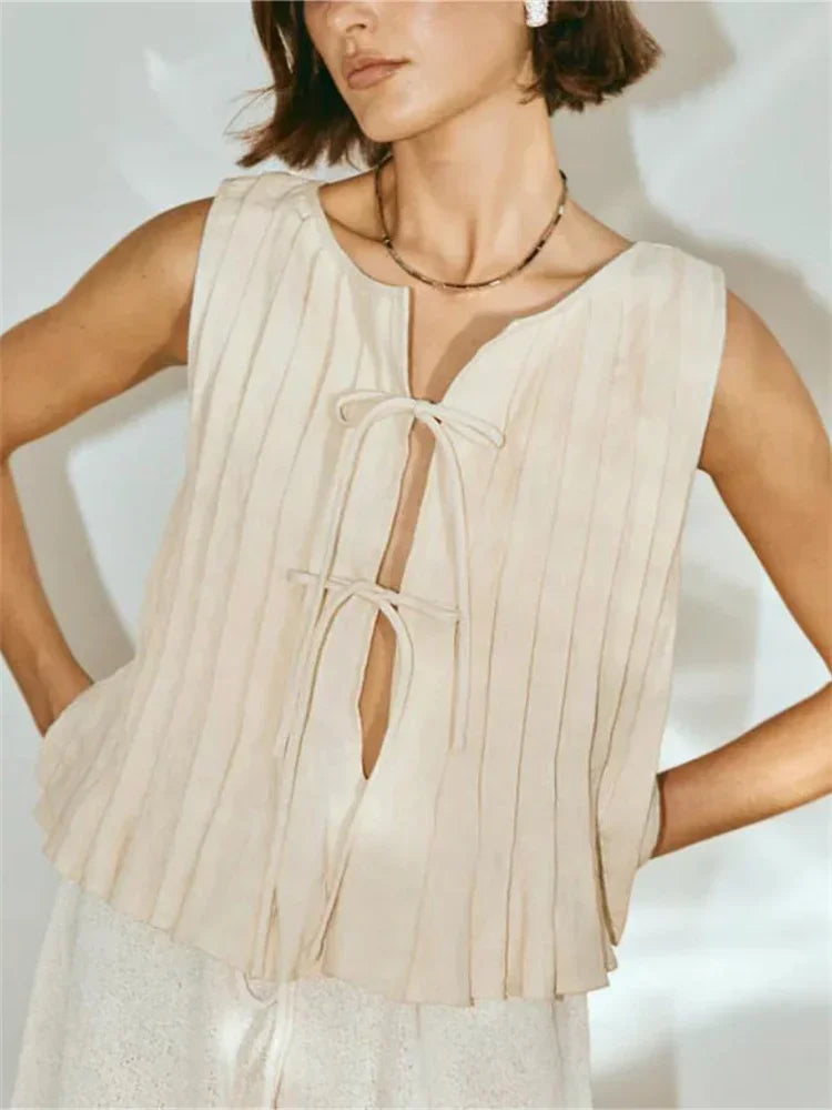 A&A Pleated Tie Front Sleeveless Chic Top