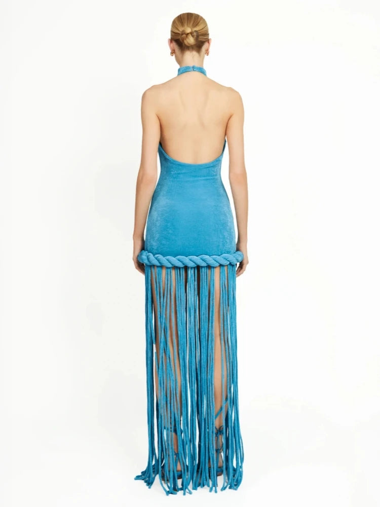 A&A Luxe Halter Neck Twist Knot Tassel Sleeveless Maxi Dress