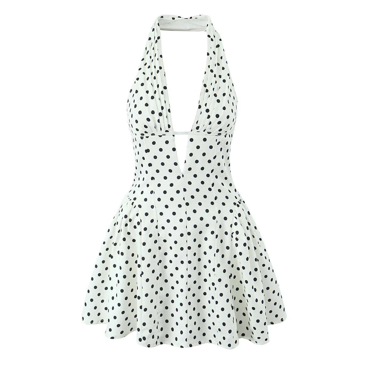 white and black polka dot halter dress Peggy | White & Black Polka Dot Halter-Neck Skater Mini Dress main image 1