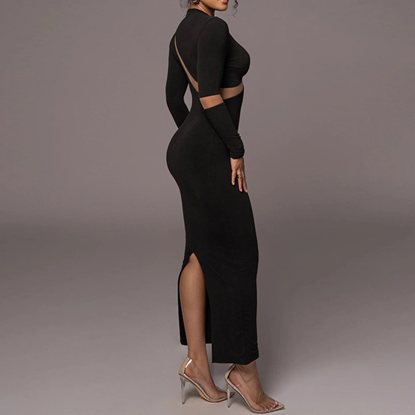 A&A Mesh Insert Long Sleeve Crewneck Split Dress