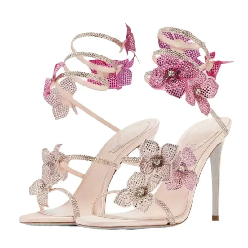 A&A Aeris Pink Crystal Flower Wrap Up Heels