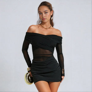 A&A Off-Shoulder Mesh Rushed Long Sleeve Bodycon Mini Dress