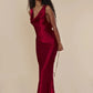 A&A Luxe Plunging Back Cowl Lace Up Satin Silk Maxi Dress