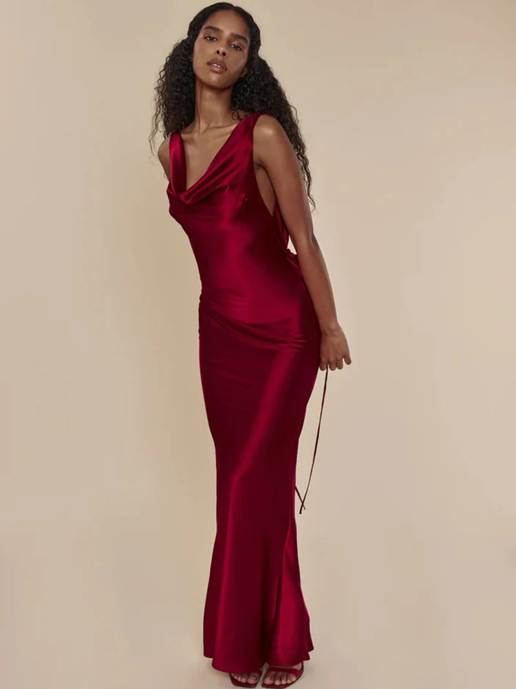 A&A Luxe Plunging Back Cowl Lace Up Satin Silk Maxi Dress