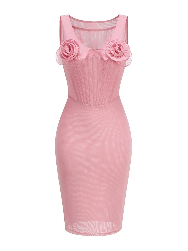 A&A Sleeveless Pink Mesh Fishbone Floral Bodycon Dress