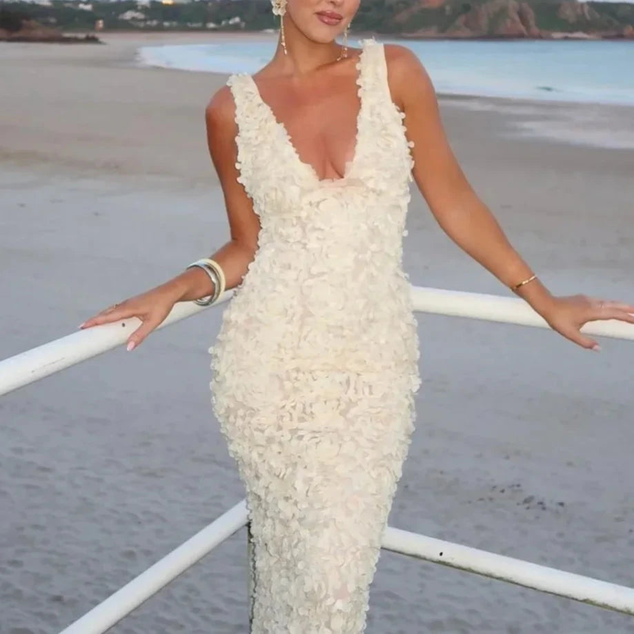 A&A Luxe Fitted 3D Intricate Mesh Floral Maxi Dress A&A Luxe Fitted 3D Intricate Mesh Floral Maxi Dress