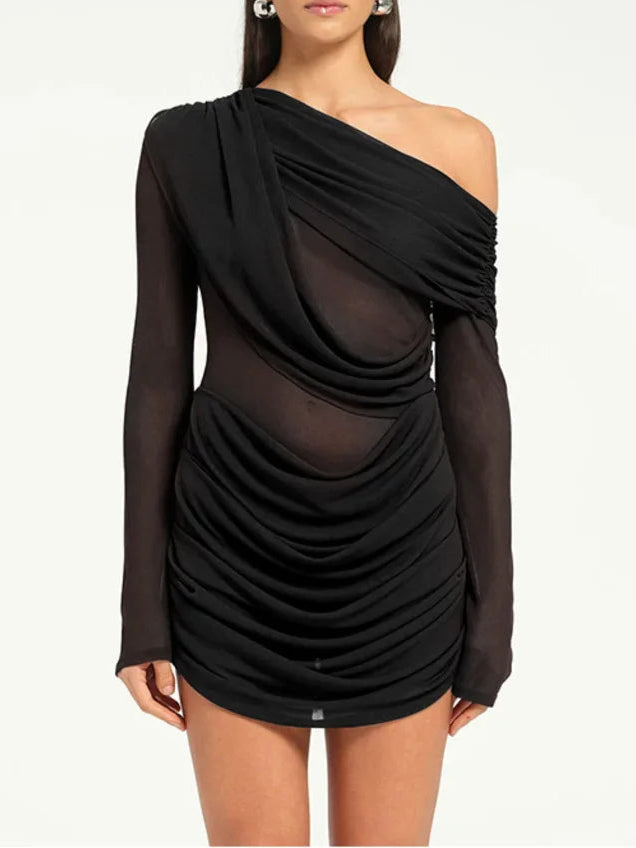 A&A One Shoulder Mesh Draped Long Sleeve Mini Dress