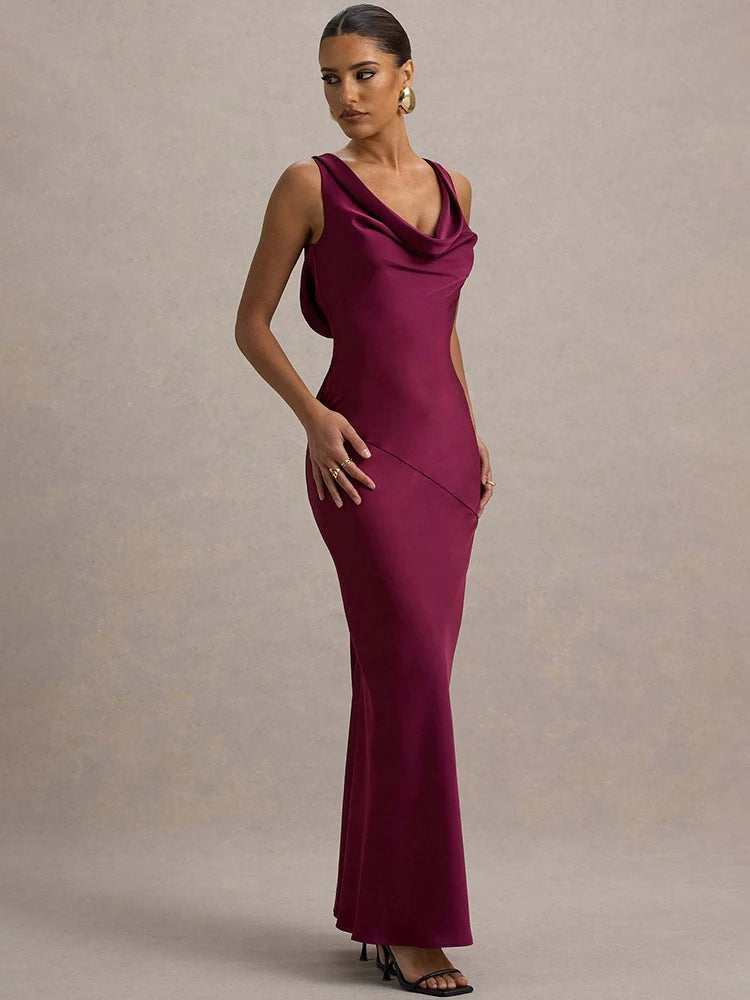 A&A Luxe Cowl Neck And Backless Satin Maxi Dress