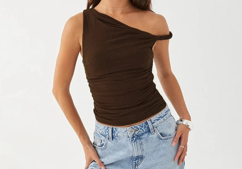 A&A Asymmetric Ruched Off Shoulder Crop Top