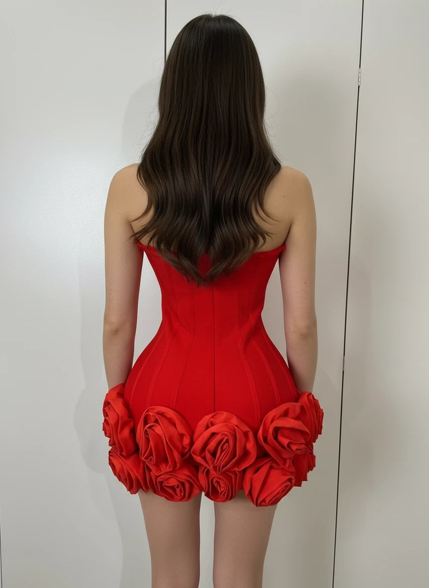A&A Luxe Halter Lace Red Rose Bodycon Mini Bandage Dress