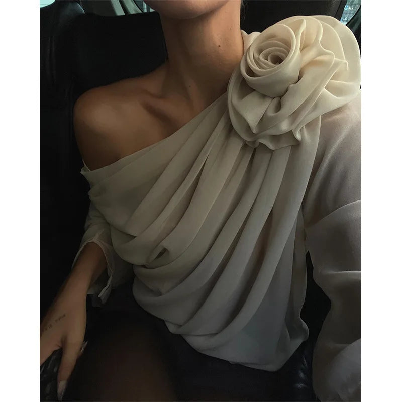 A&A Asymmetric Collar 3D Flower Chiffon Top