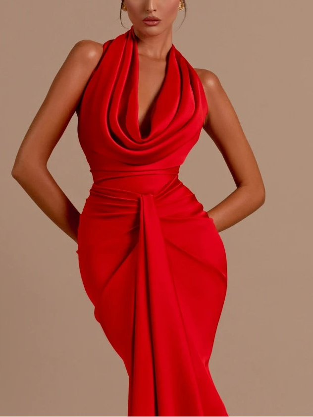 A&A Luxe Halter Pleat Backless Maxi Gown Dress