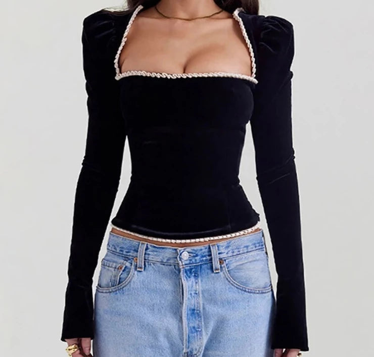 A&A Square Collar Bandage Black Long Sleeved Top