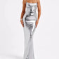 A&A Metallic Backless Cowl Neck Maxi Dress