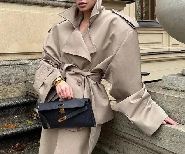 A&A Classic Beige Belted Trench Coat with Wide Lapel