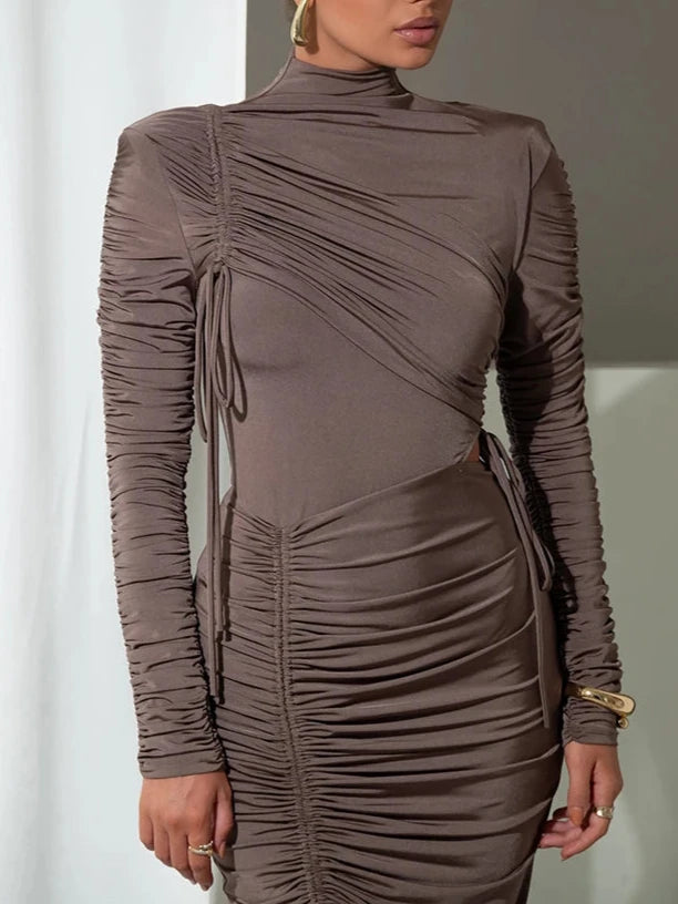 A&A Long Sleeve Ruched Drawstring Turtleneck Bodycon Dress