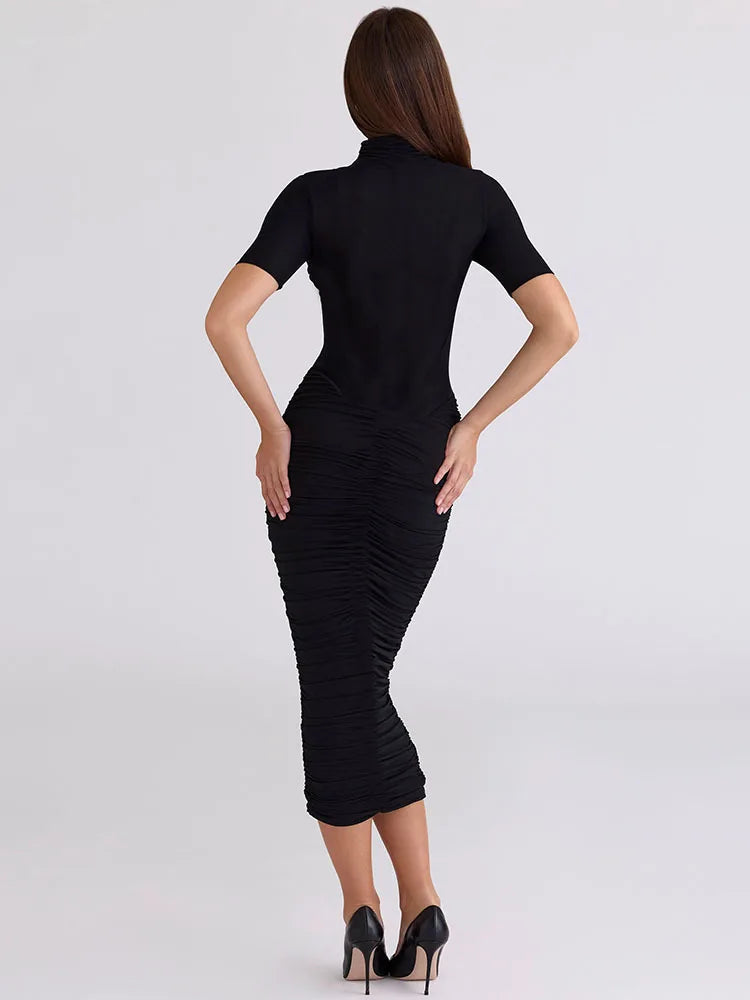 A&A Turtleneck Short Sleeve Black Sheer Midi Dress