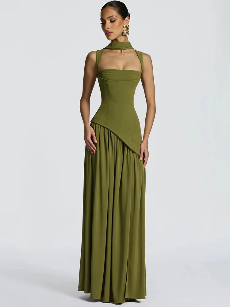 A&A Asymmetric High Slit Corset Maxi Dress