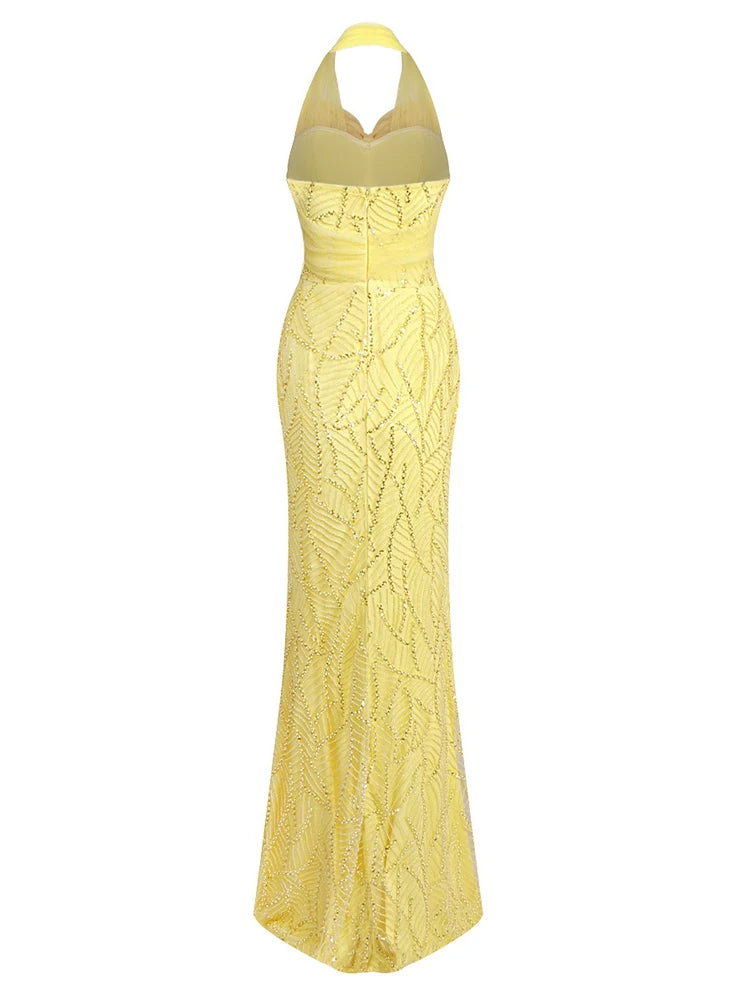 A&A Surié Halter Neck Bow Detail Beaded Embroidery Maxi Dress