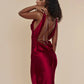 A&A Luxe Plunging Back Cowl Lace Up Satin Silk Maxi Dress