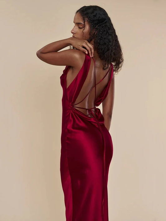 A&A Luxe Plunging Back Cowl Lace Up Satin Silk Maxi Dress