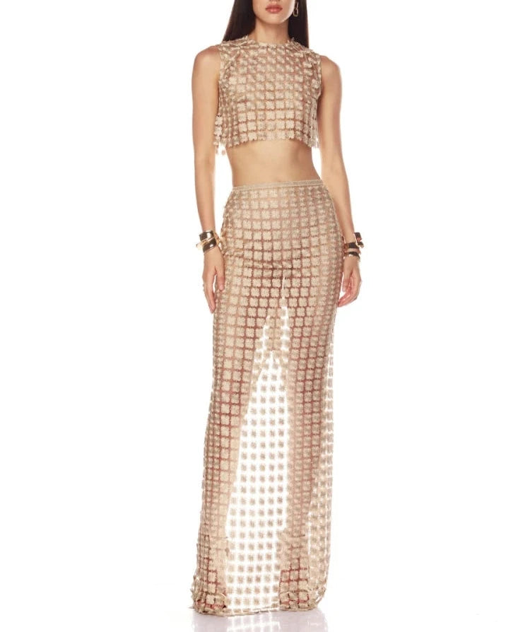 A&A Luxe Champagne Gold Embellished Two Piece Set Crop Top & Maxi Skirt