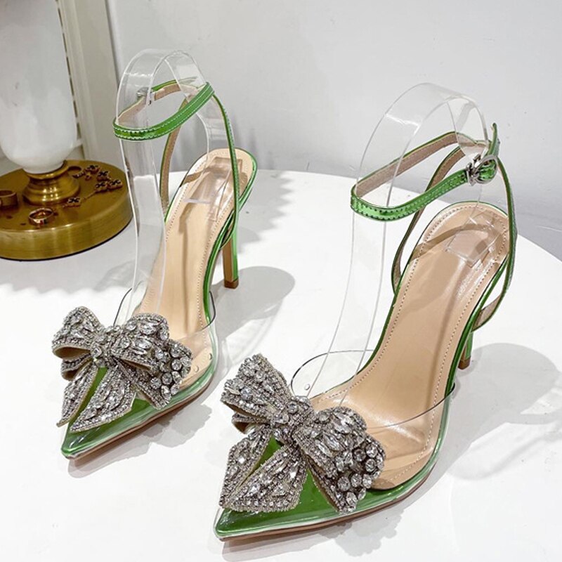 A&A Green Dream Crystal Bow Pointed Toe Heels