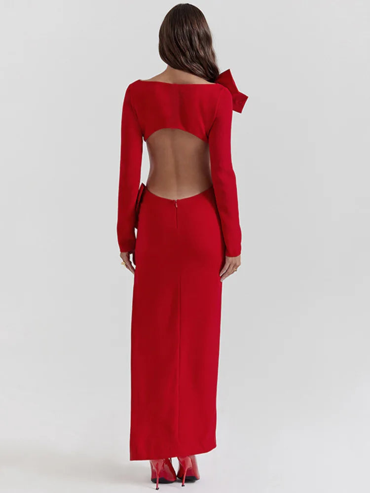 A&A Luxe Bow Backless Long Sleeve Maxi Dress