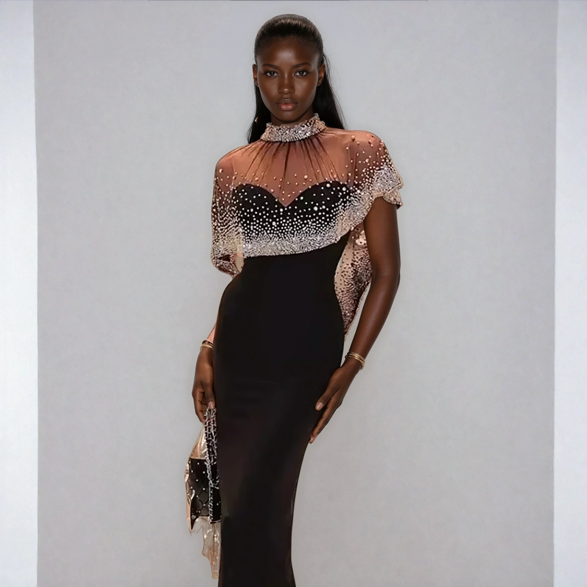 A&A Luxe Embellished Diamonte Draped Cape Maxi Dress