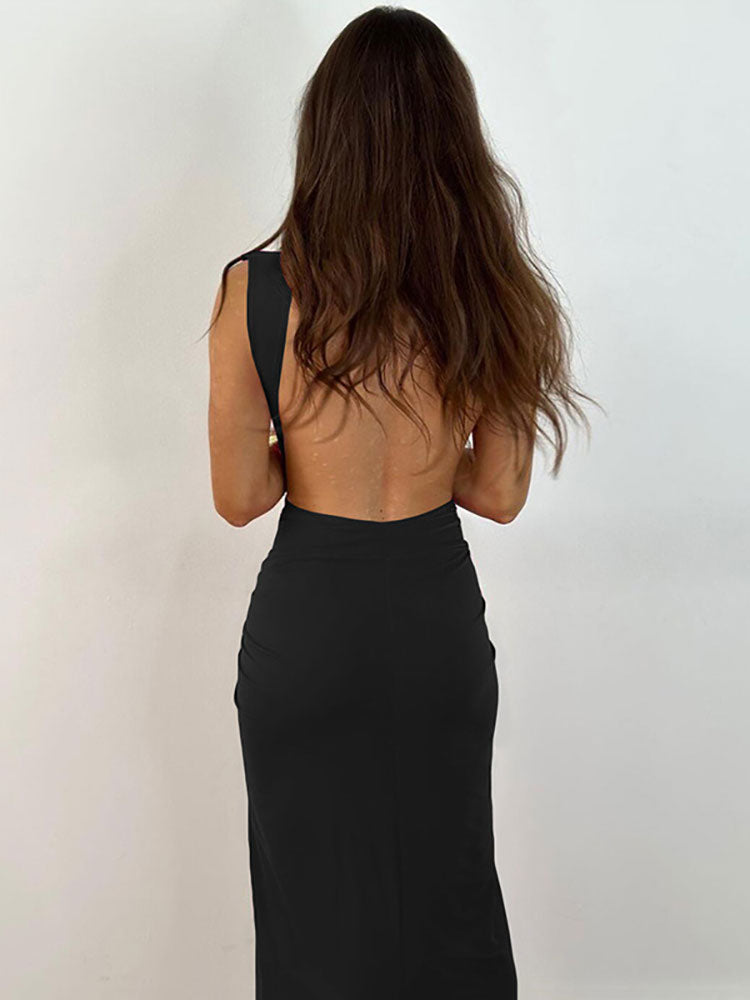 A&A Summer Ruched Backless V Slit Women Bodycon Maxi Dress