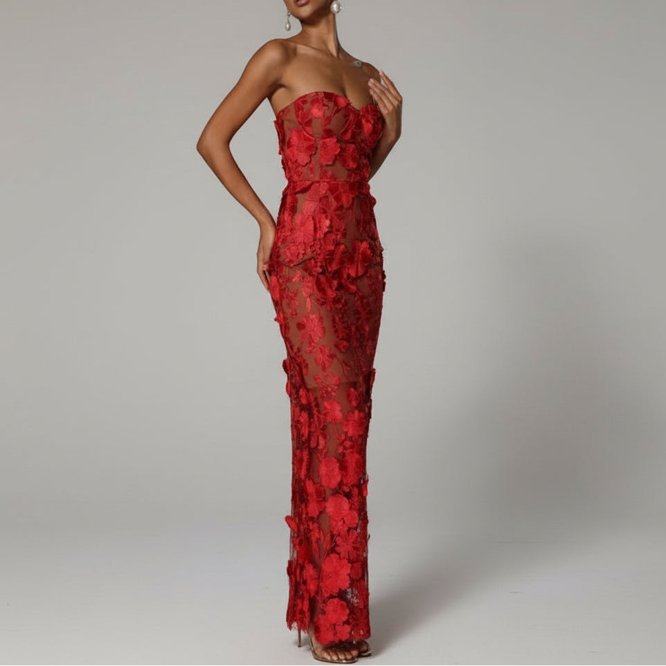 A&A Luxe Embroidered Flower Lace Mesh Strapless Dress