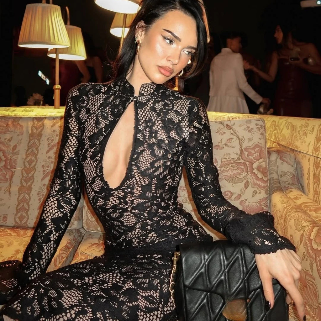 A&A Lace Cut Out Long Sleeve Midi Bodycon Dress