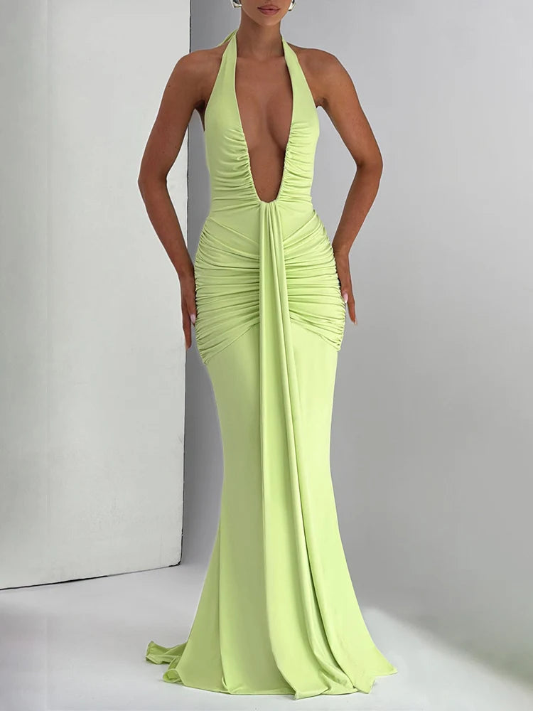 A&A Halter V Neck Backless Ruched Gown Maxi Dress