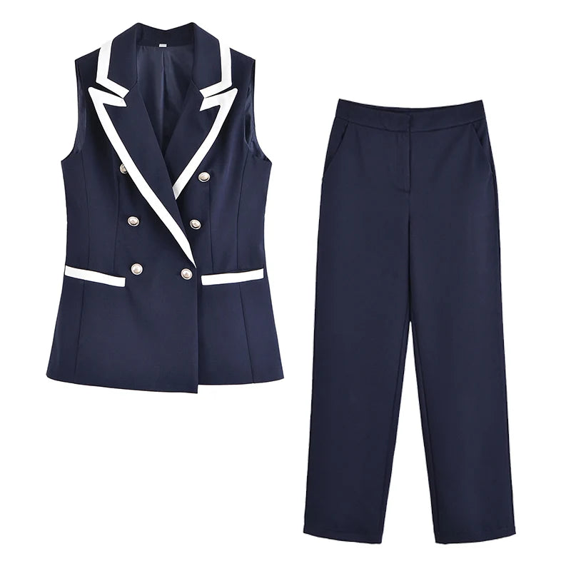 A&A Double-Breasted Sleeveless Vest with White Trim and Trouser Set