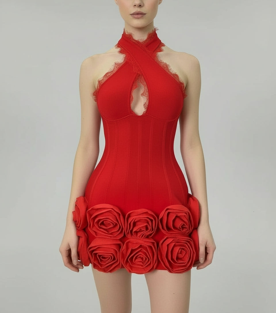 A&A Luxe Halter Lace Red Rose Bodycon Mini Bandage Dress