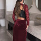 A&A Lace Velvet Wine Slit Maxi Dress