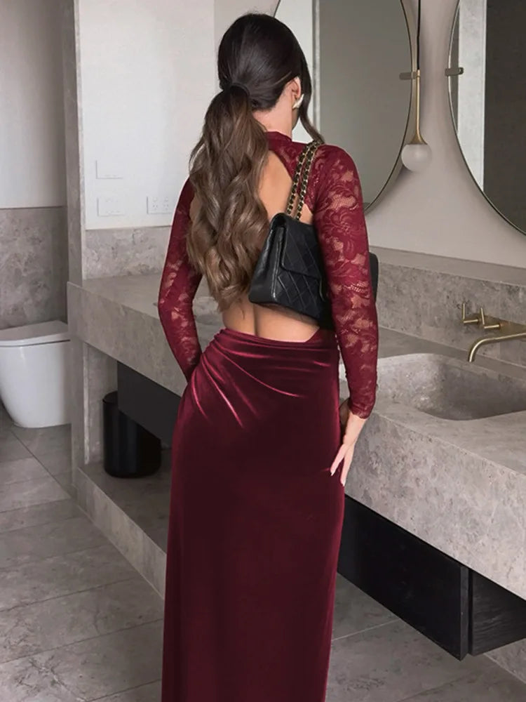 A&A Lace Velvet Wine Slit Maxi Dress