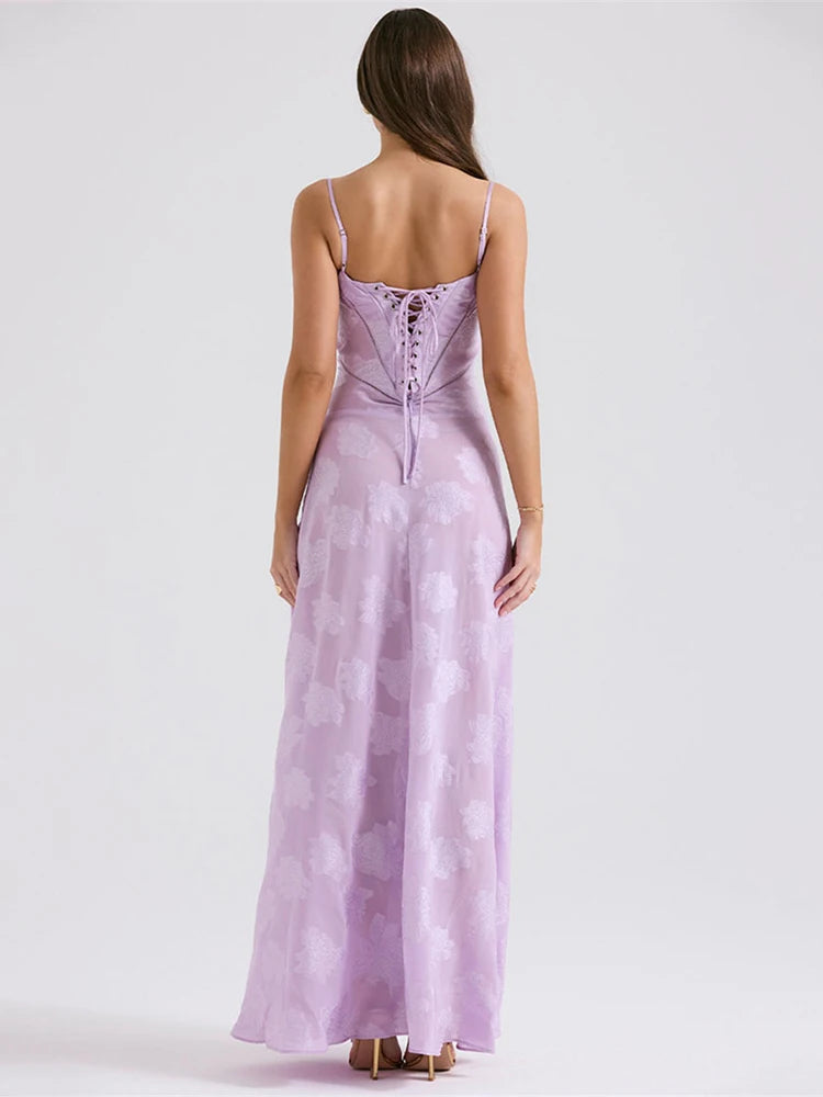A&A Lace Floral Spaghetti Strap Sheer Sleeveless Lilac Dress