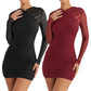 A&A Ruched Mesh Long Sleeve Wrap Front Bodycon Dress