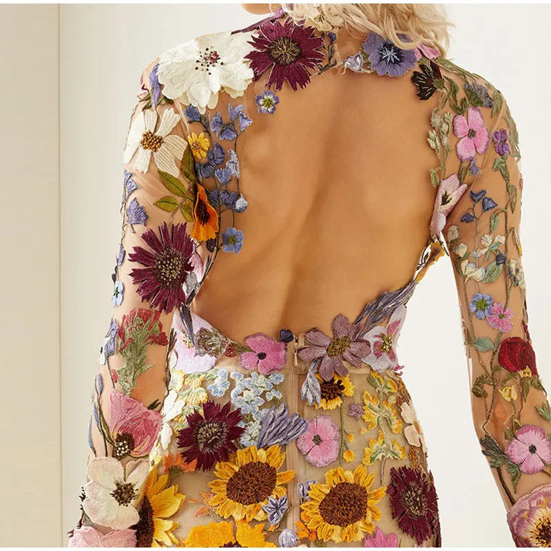 A&A Luxe Floral Embroidery Long Sleeve High Neck Dress