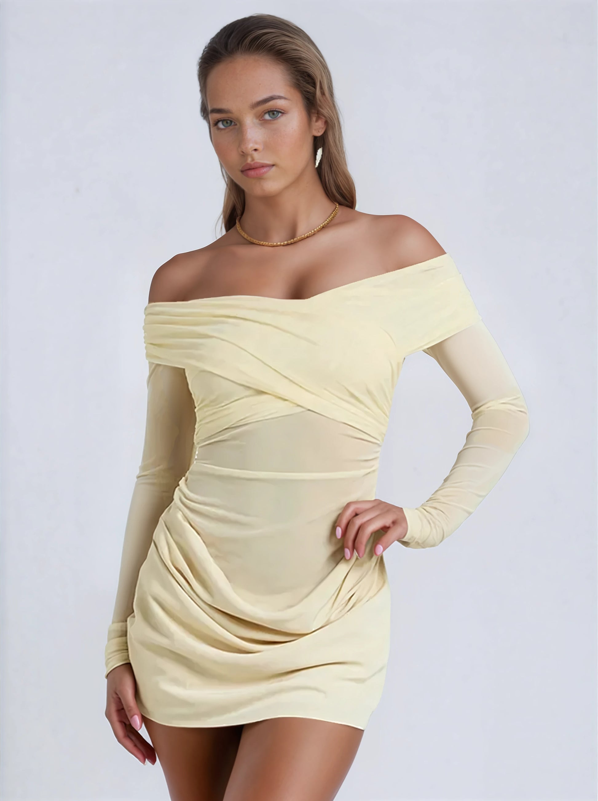 A&A Off-Shoulder Mesh Rushed Long Sleeve Bodycon Mini Dress