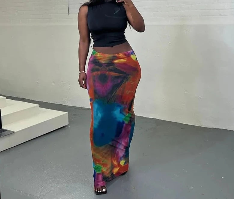 A&A  Tie Dyed Print Mesh Maxi Skirt