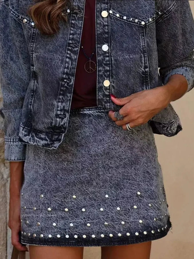 A&A Chic Stonewashed Denim Jacket And Skirt Set